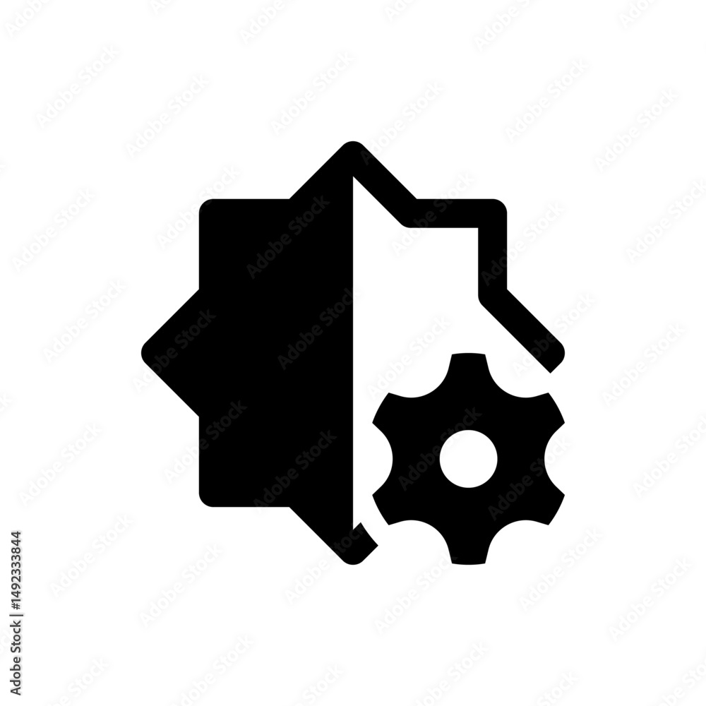 Poster black star shape with a gear overlapping the bottom right corner in a simple vector graphic design s