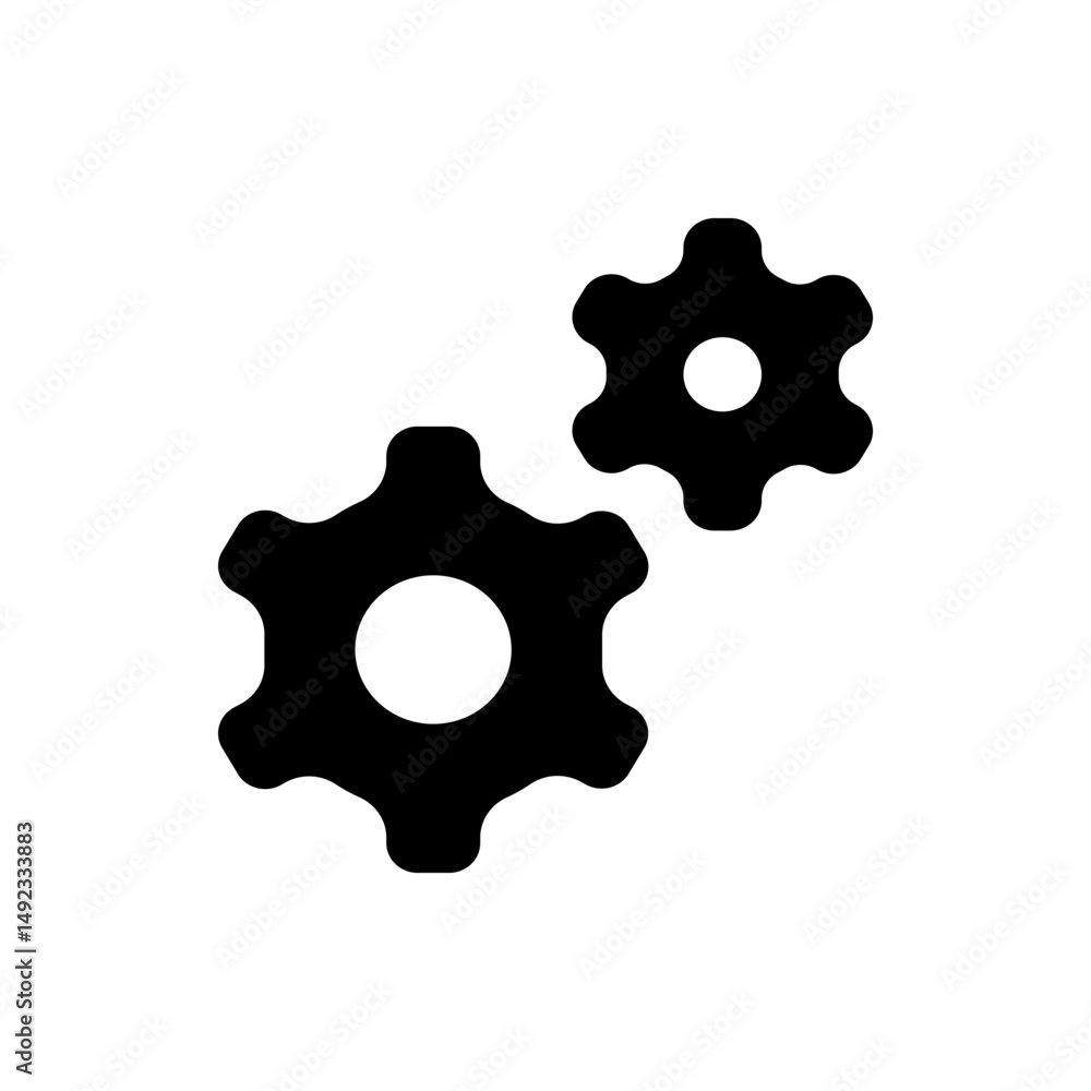 Poster illustration of two interlocking gears in black and white representing mechanical processes and engi