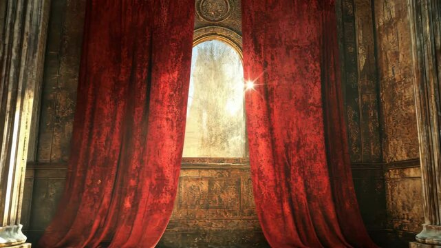 Sunlit arched window, partially concealed by heavy, crimson velvet curtains within a crumbling stone edifice
