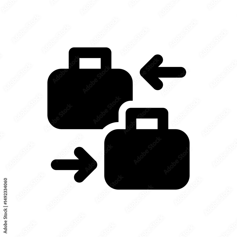Poster two black briefcases with handles and arrows pointing towards each other on a white background desig