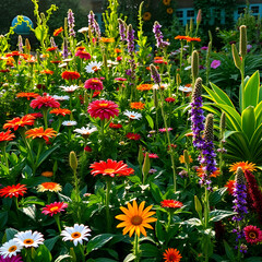 A lush garden teems with an array of colorful flowers and exotic plants, catching the morning sunlight and reflecting dewdrops.