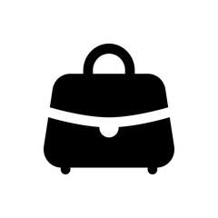 Illustration of a black handbag with a handle and a white stripe and a circular button closure design