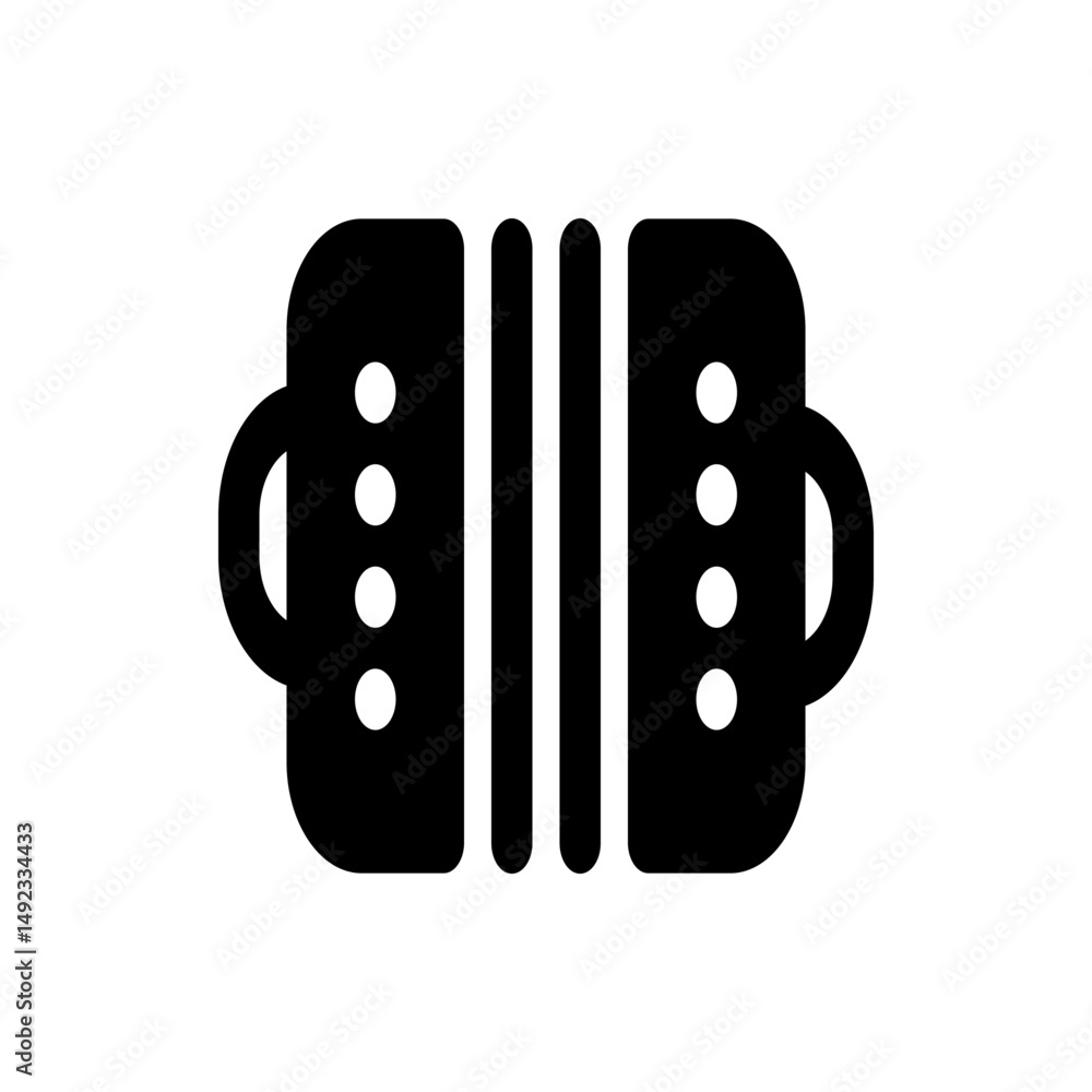 Poster illustration of a black and white accordion with bellows and buttons on either side in a simple styl