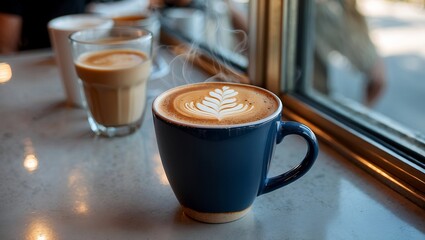 Naklejka premium Delightful hot latte in navy mug at miami beach