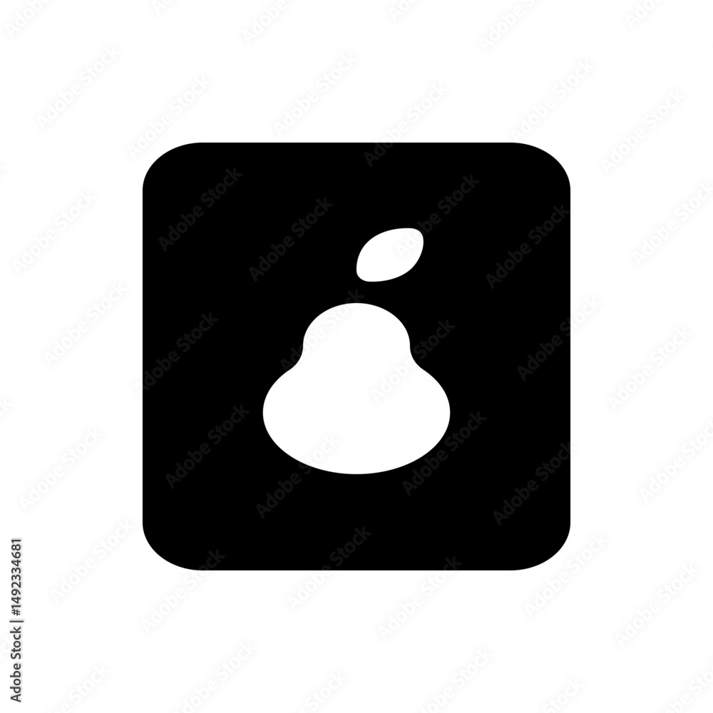 Poster white pear silhouette with leaf on a black rounded rectangle background in a simple and minimalist s