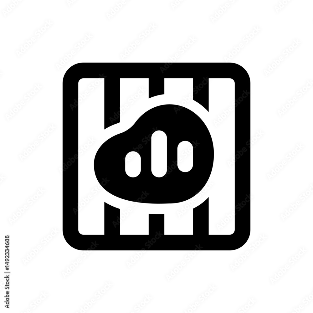 Poster abstract blob shape with a dot inside a rounded square frame with vertical stripes behind it design