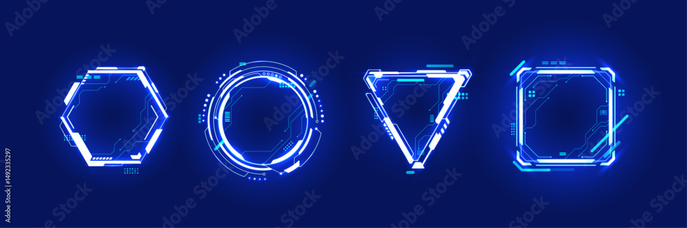 Aufkleber Abstract HUD neon light blue portals with circuit board elements. AI chip, quantum processor. Futuristic technology innovation concept. Bright light neon frames in geometric forms. Digital vector set