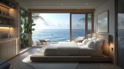 Fototapeta premium Oceanfront bedroom suite, tropical island view, sunrise, luxury vacation rental