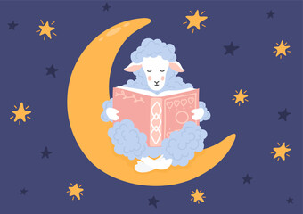 Cute sheep reading book. Sheep reading bedtime story to fall asleep at night starry sky.