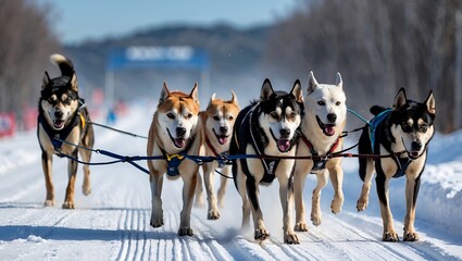 Naklejka premium Dogs collaborate in tandem for sled race victory