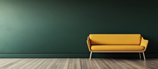 Yellow sofa against green wall, wood floor, interior design