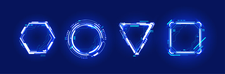 Abstract HUD neon light blue portals with circuit board elements. AI chip, quantum processor. Futuristic technology innovation concept. Bright light neon frames in geometric forms. Digital vector set © AntonKhrupinArt