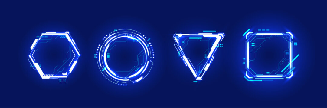 Abstract HUD neon light blue portals with circuit board elements. AI chip, quantum processor. Futuristic technology innovation concept. Bright light neon frames in geometric forms. Digital vector set