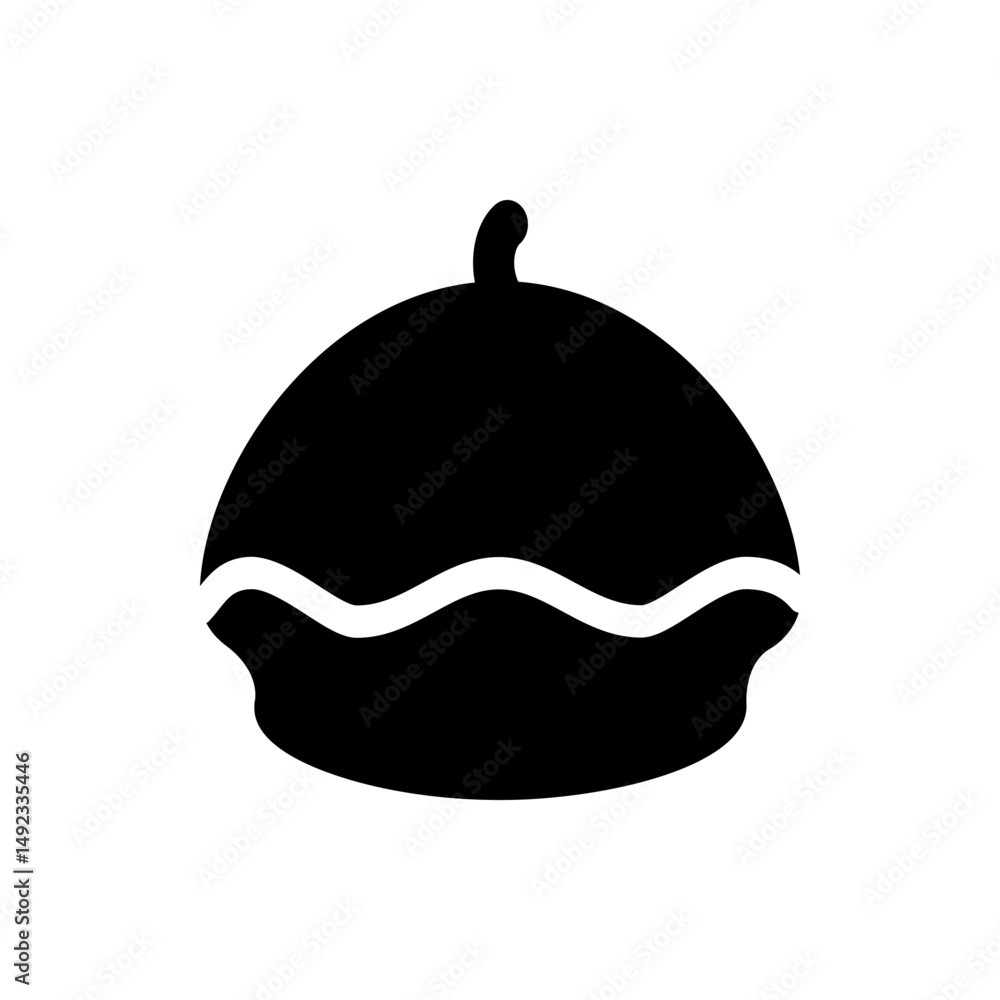 Aufkleber illustration of a black pie with a wavy crust and a small stem on top in a simple vector style
