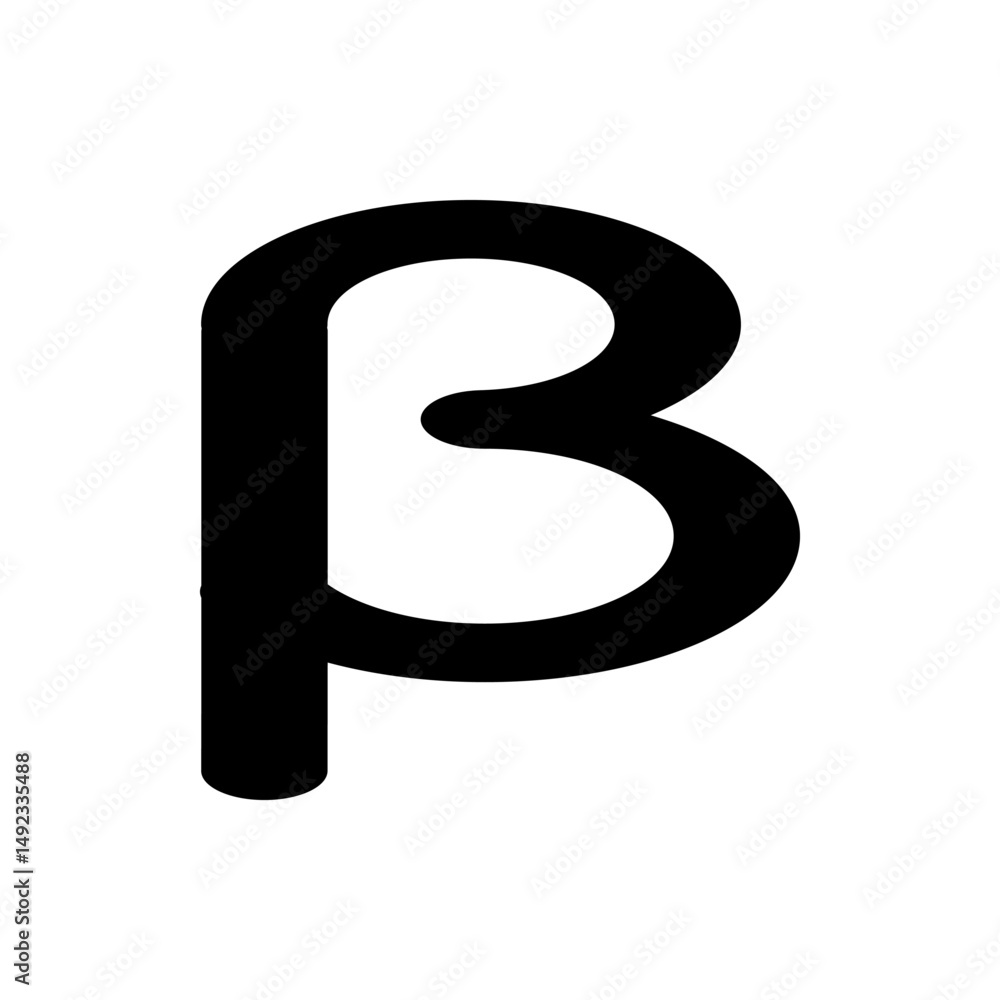 Poster illustration of a bold black beta symbol with rounded edges on a plain white background in simple st