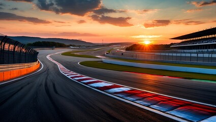 Dramatic sunset over a curving racetrack asphalt