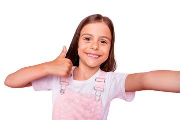 Closeup photo of little pretty lady make take selfies thumb up advice quality friends wear overall isolated pink background