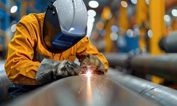 Welder skillfully joins metal pipes expertly