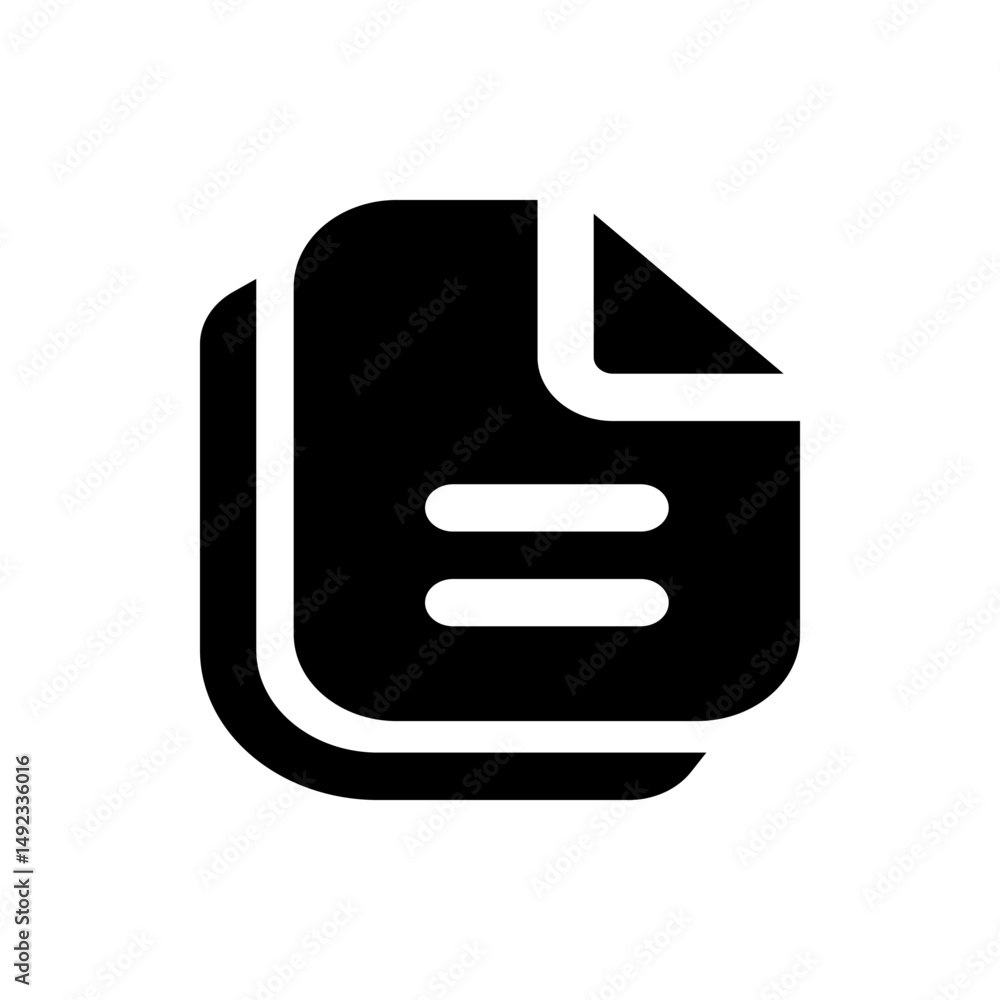Poster two black documents stacked with a folded corner and two short horizontal lines in the center page