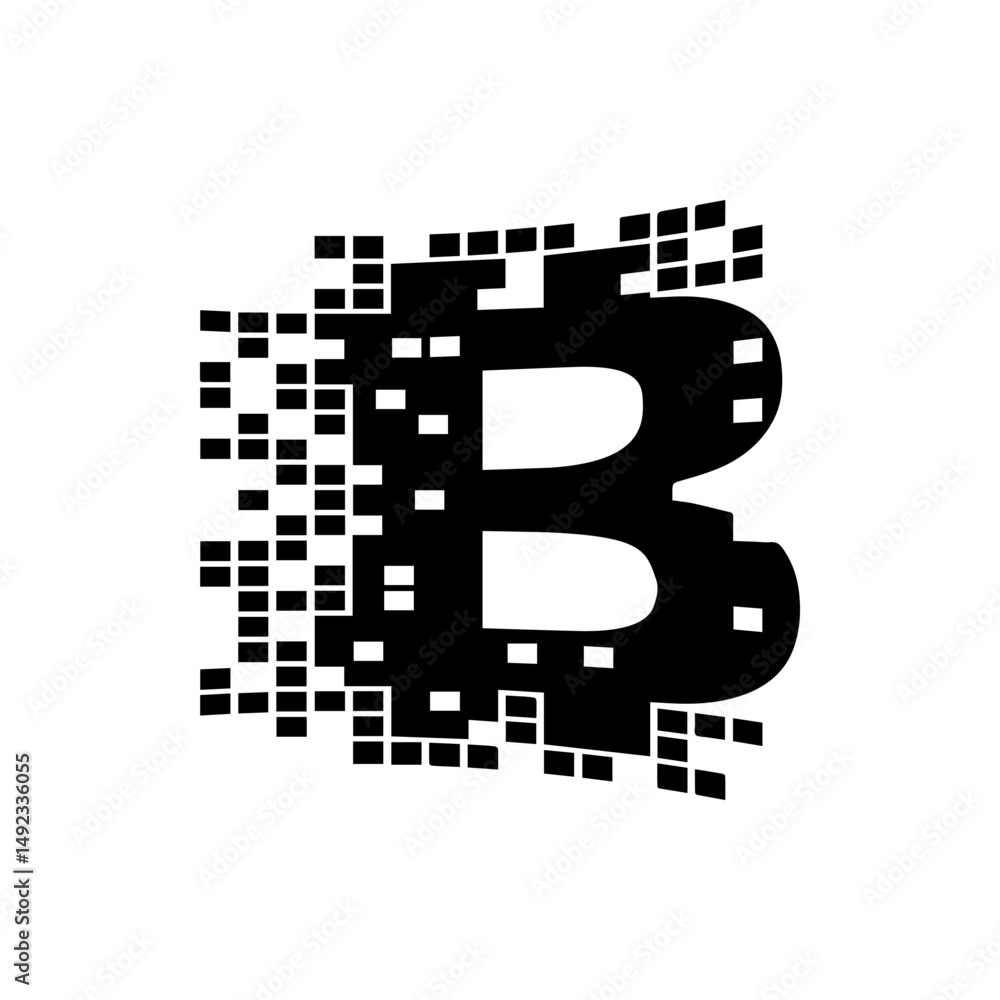 Poster bitcoin symbol partially pixelated with scattered squares on a white background digital currency con
