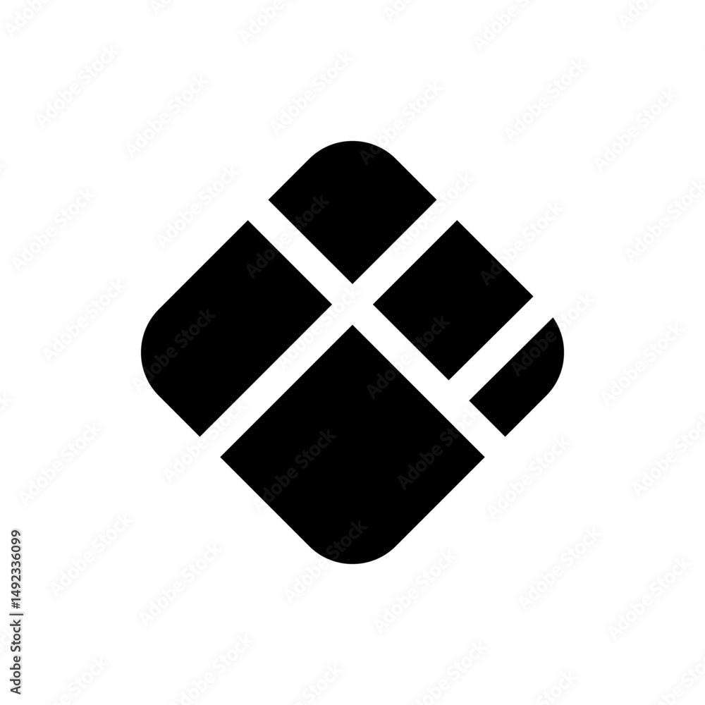 Poster black diamond shape divided by white lines into four sections with rounded corners on the diamond sh
