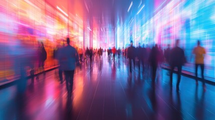Naklejka premium Crowd walking vibrant neon-lit corridor, blurred motion, futuristic event