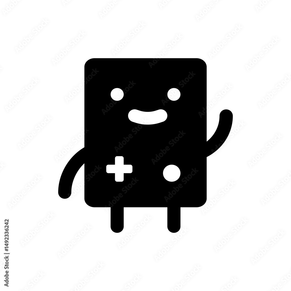 Poster stylized black game console character with rounded corners and waving arm against white background