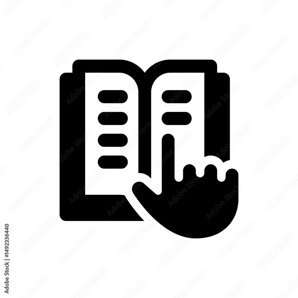 Poster a black and white illustration of an open book with a hand pointing to the right page with oval shap