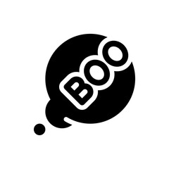 Black speech bubble with the word boo in white letters for halloween themed graphic design element use