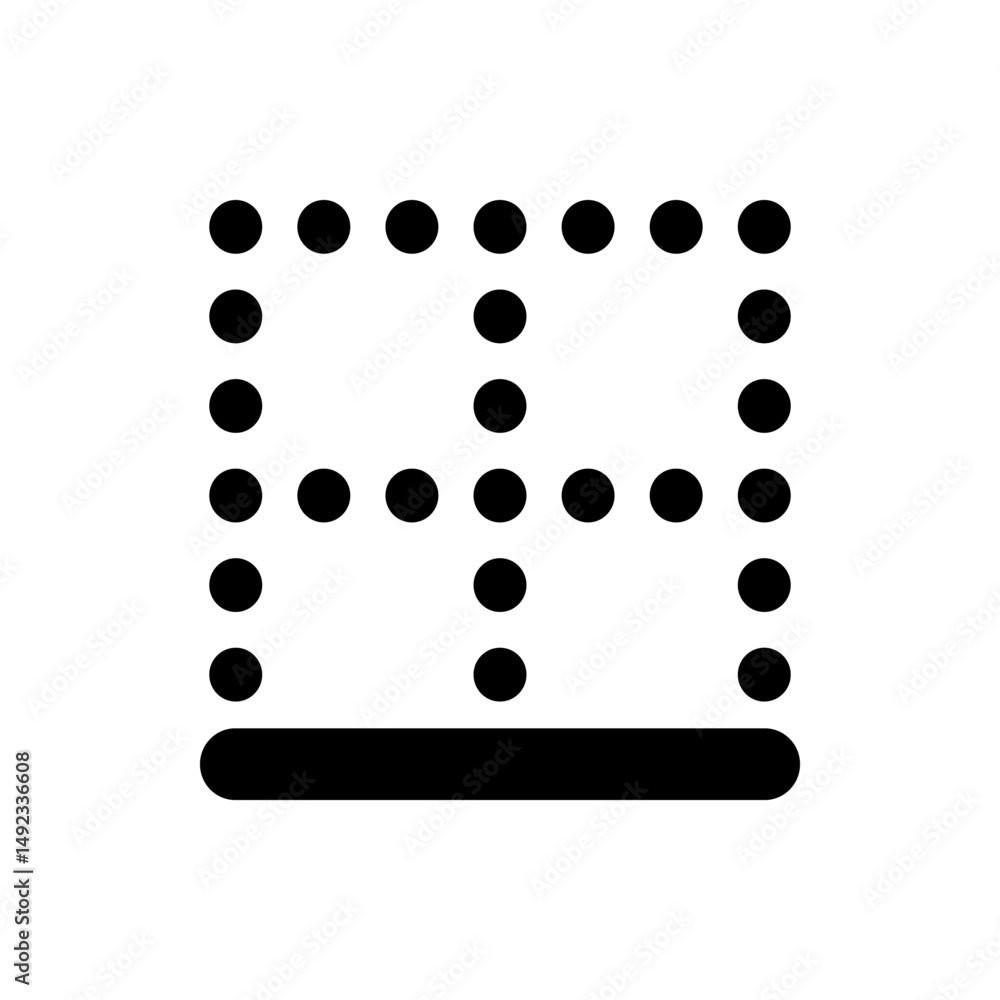Poster illustration of a pattern formed by black dots arranged in rows and columns above a thick horizontal