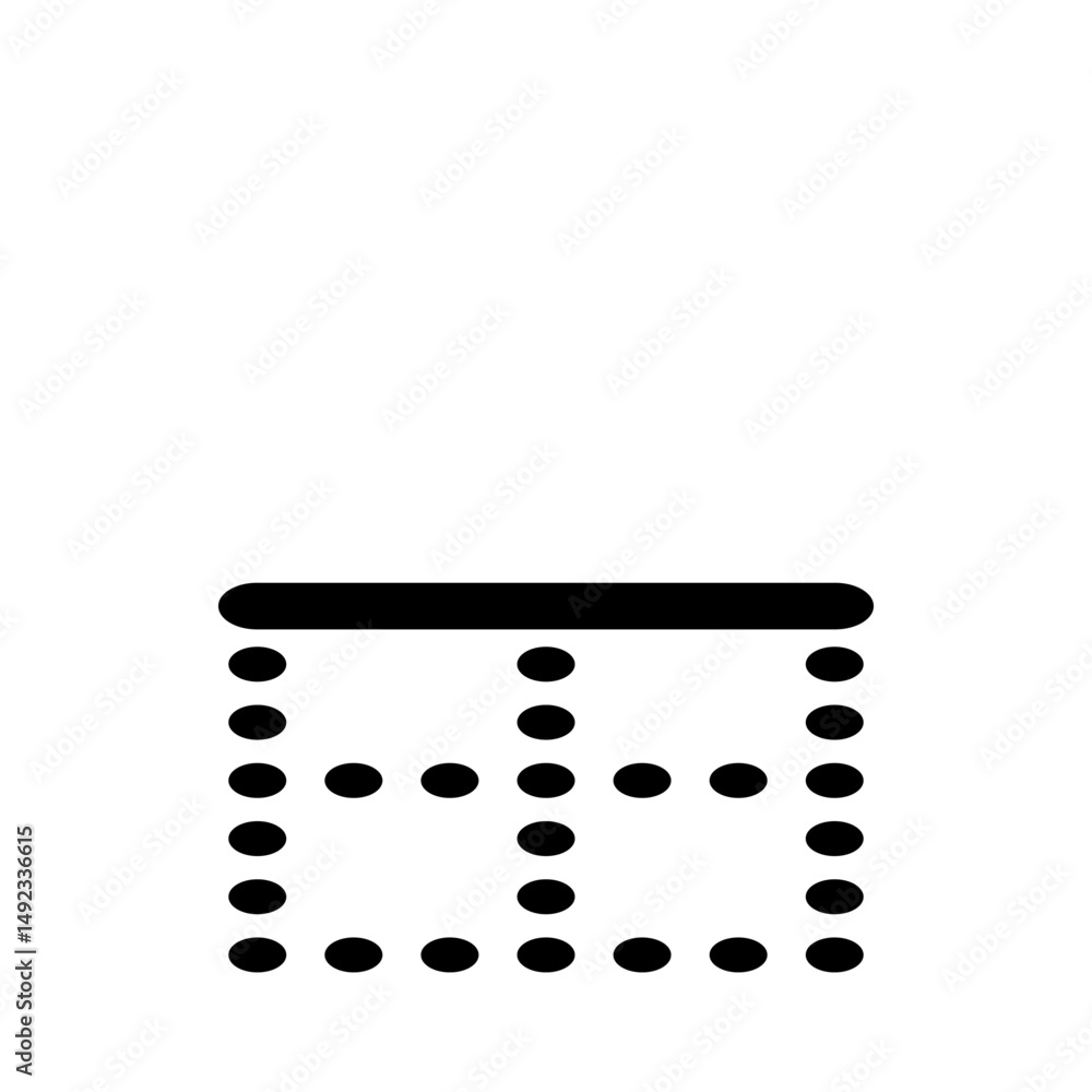 Poster illustration of a grid like structure composed of black circles and a horizontal black rectangle abo