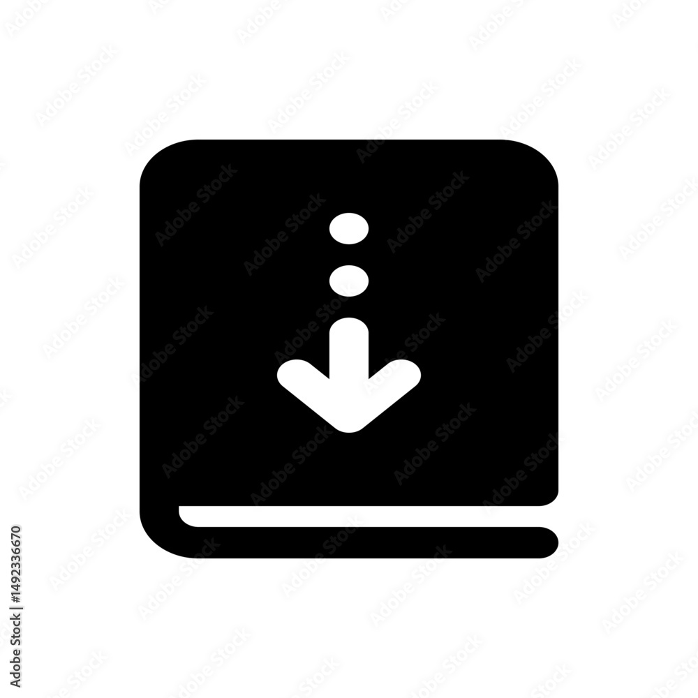 Poster black rounded rectangle with white downward arrow and two dots in the center on a white background