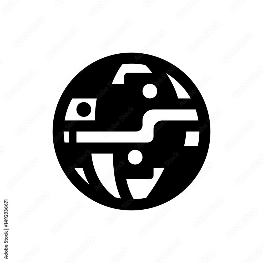 Poster circular design with white lines and dots on a black background creating a circuit board like patter