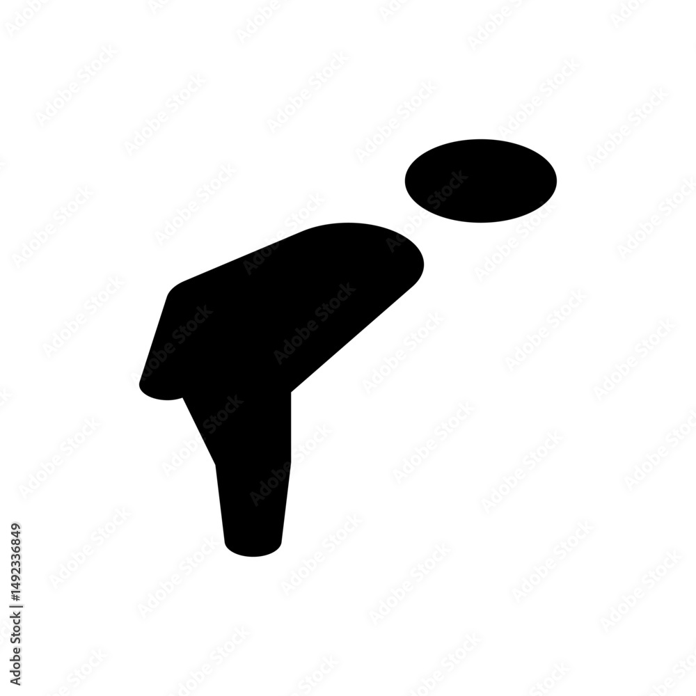 Poster silhouette of a person bending over with a rounded head and curved back in a simple black and white 