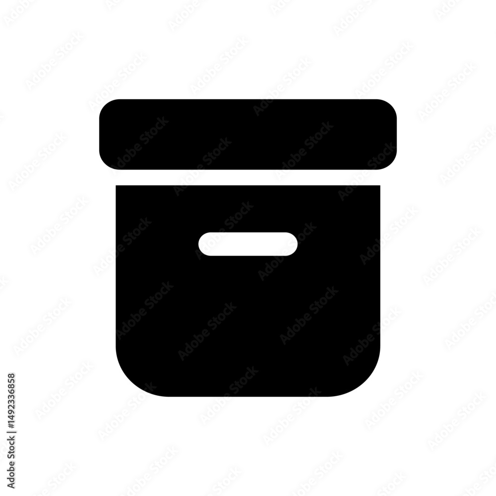 Poster illustration of a black box with a lid and a handle opening on a white background in simple style