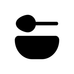 Illustration of a simple black bowl with a spoon resting horizontally above it on a white background