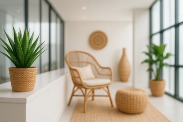 Modern Minimalist Home Decor Stylish Rattan Chair Beige Cushion Natural Woven Plant Pot Bright Interior Design Room Cozy Apartment Comfortable Seating Area Relaxing Atmosphere Tranquil Space Serene   