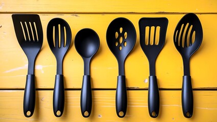 Elegant black kitchen utensils on vibrant yellow table