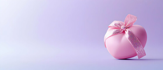 Fototapeta premium Pink Heart Gift Box With Ribbon On Lavender Background