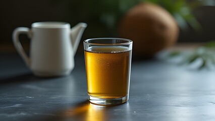 Refreshing Golden Beverage in Glass with Coconut Background