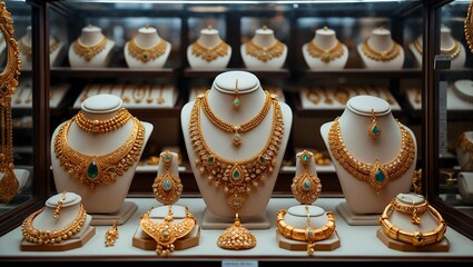Fototapeta premium Elegant gold jewelry displayed in jeweler's showcase