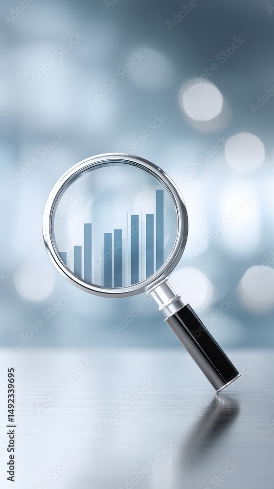 Poster closeup of magnifying glass showing upward trending bar graph on blue bokeh background