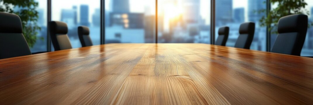 Sunlit empty modern conference room with a large polished wooden table and black office chairs facing cityscape through floor-to-ceiling windows