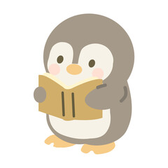 Baby penguin holding and reading a book