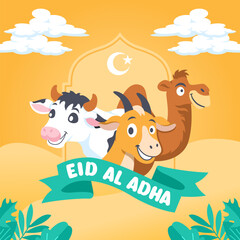 happy Eid al Adha Celebration with cute Animals concept