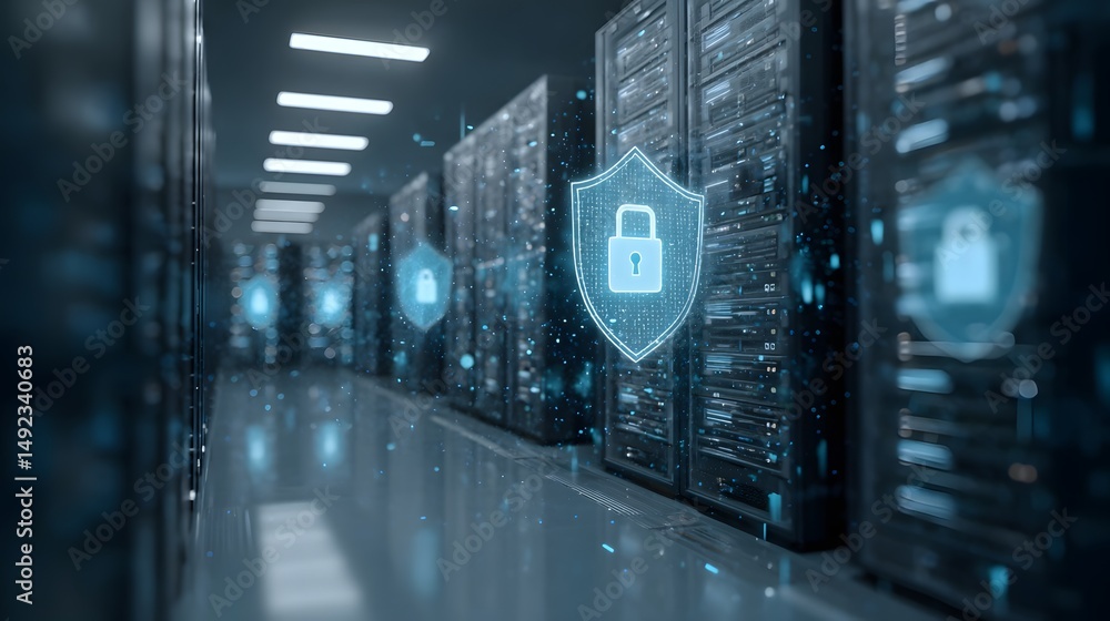 Poster futuristic data center with servers protected by digital security shields