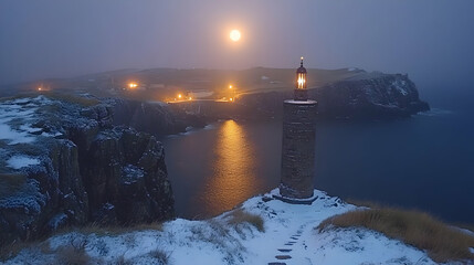 Moonlit winter scene: A snow-covered landscape with a radiant lighthouse