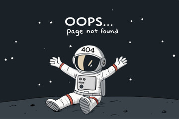 404 error page illustration featuring a lost astronaut in deep space. Space theme, lost astronaut, page not found messages and dark background with stars. 