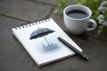 Dark Umbrella City Sketch with Coffee on Desk
