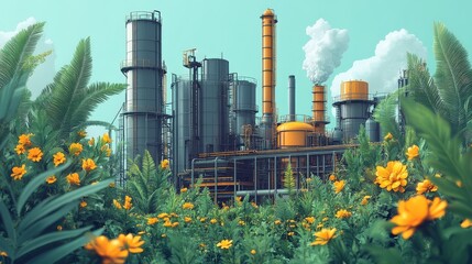 Industrial facility surrounded by lush flora under a clear sky